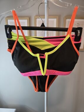🌞⛱️👙* Read* New Popvil Black Bikini Set with Neon Pink, Yellow & Orange Trim